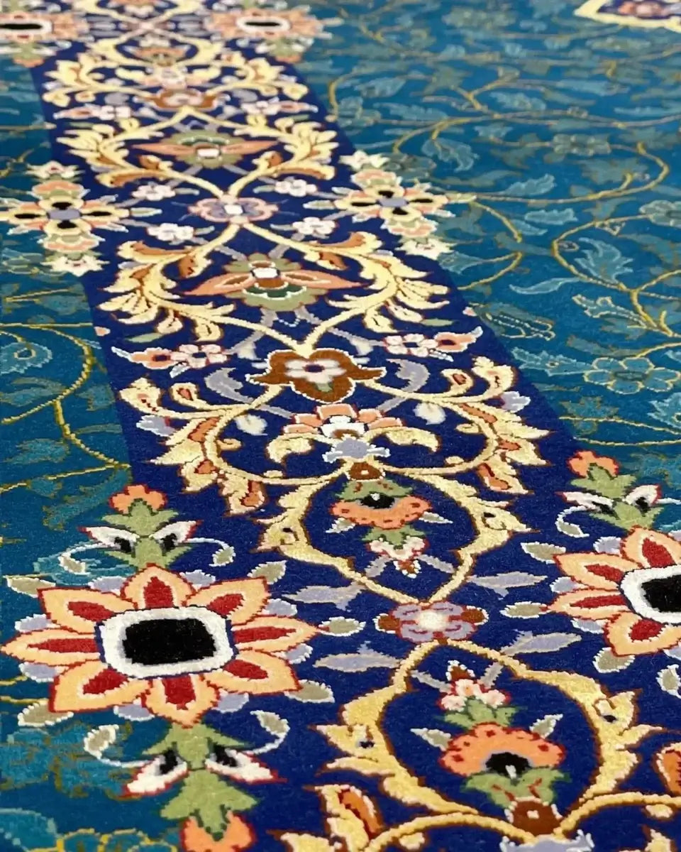 "Persian rug with intricate blue and gold floral patterns, crafted by a master weaver"
